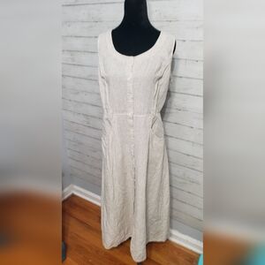 Sophie Max Linen Blend Maxi Sleeveless Dress Large, Button Front Missing Belt